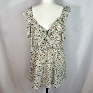 Torrid Peplum Georgette Ruffle Surplice White & Blue Floral Tank Top